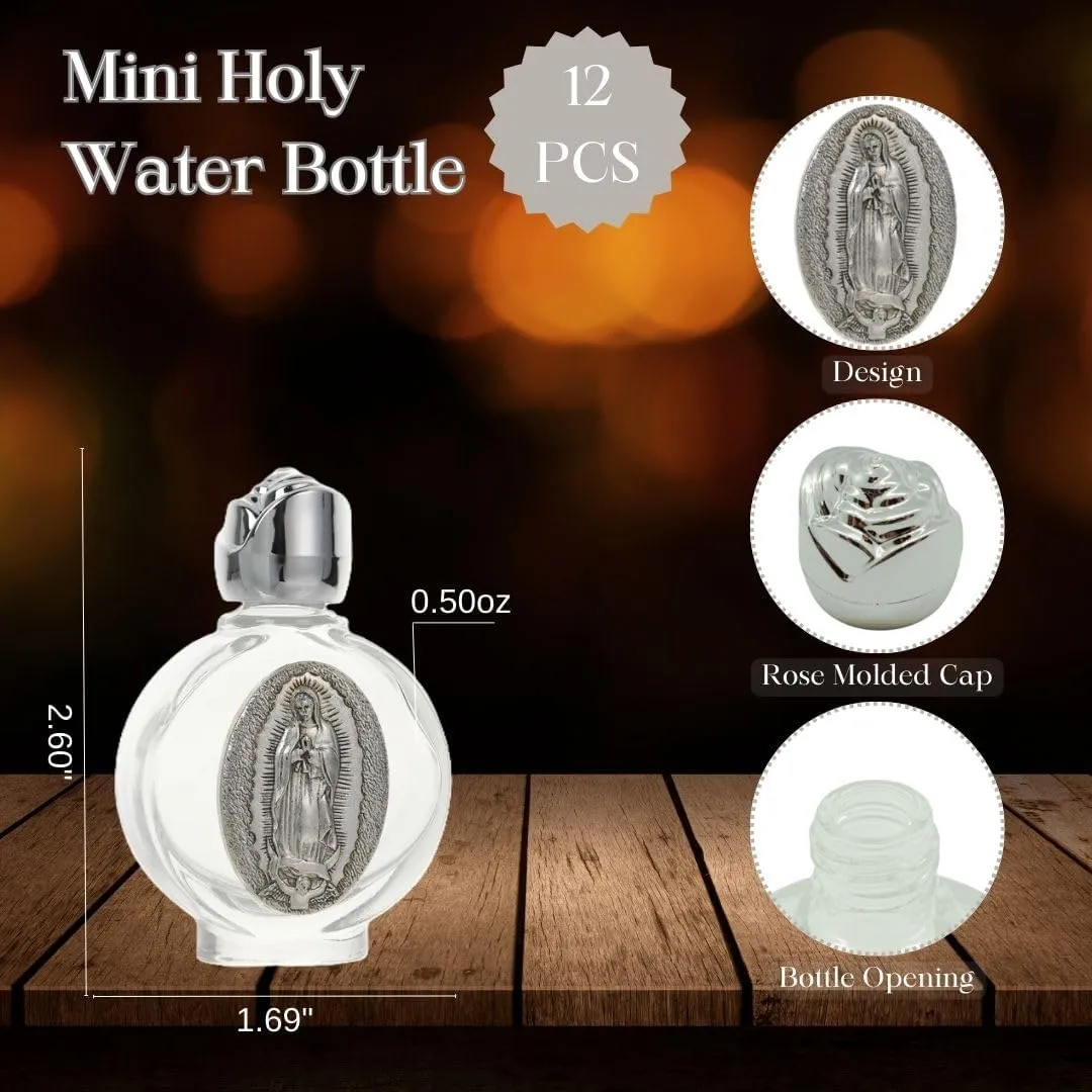 Our Lady of Guadalupe Embossed Holy Water Glass Bottles with Toned Cap, Set of 12, Perfect for Religious Church Weddings, Baptism, Christening, First Communion (Silver)