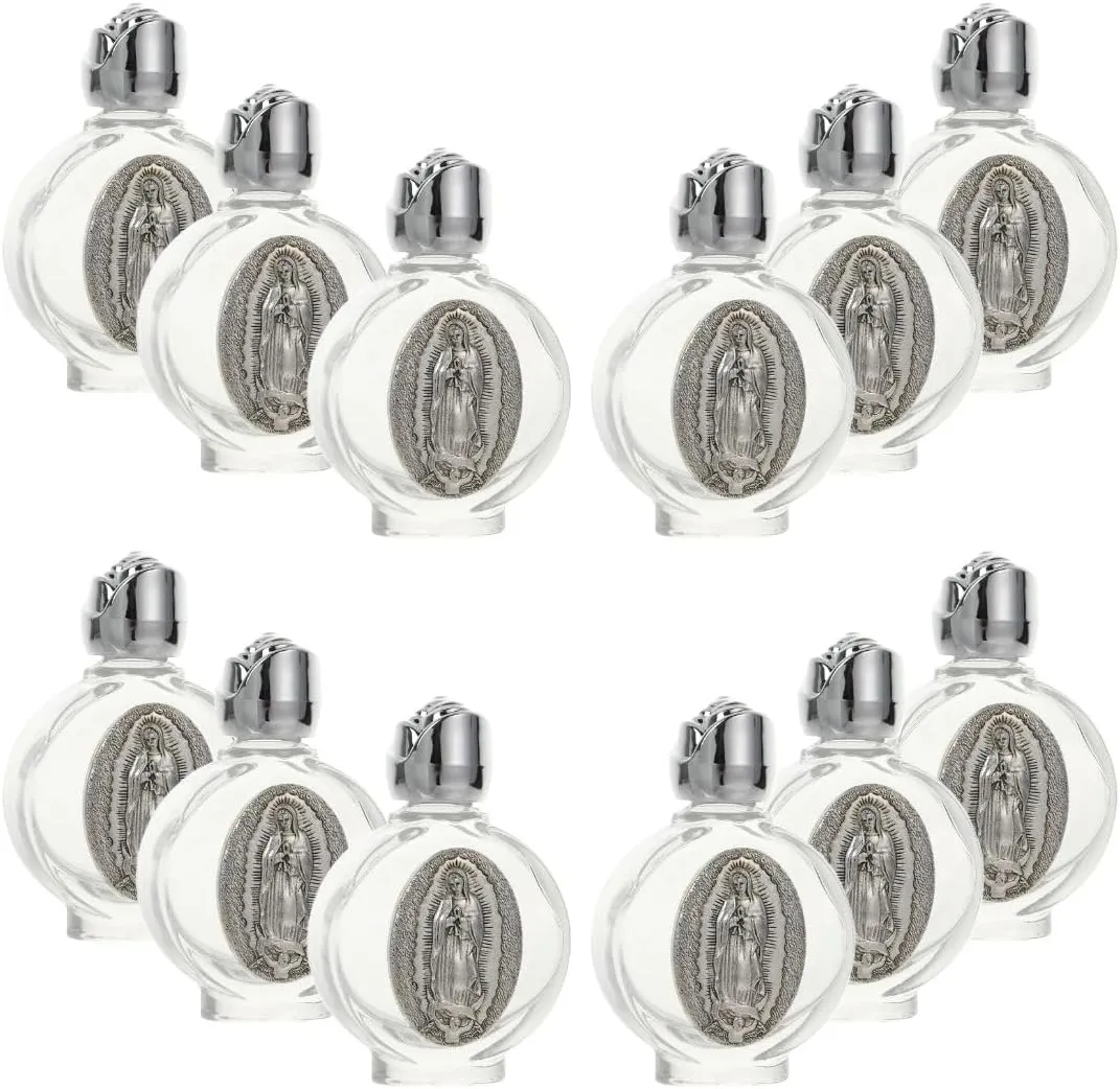 Our Lady of Guadalupe Embossed Holy Water Glass Bottles with Toned Cap, Set of 12, Perfect for Religious Church Weddings, Baptism, Christening, First Communion (Silver)