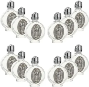 Our Lady of Guadalupe Embossed Holy Water Glass Bottles with Toned Cap, Set of 12, Perfect for Religious Church Weddings, Baptism, Christening, First Communion (Silver)