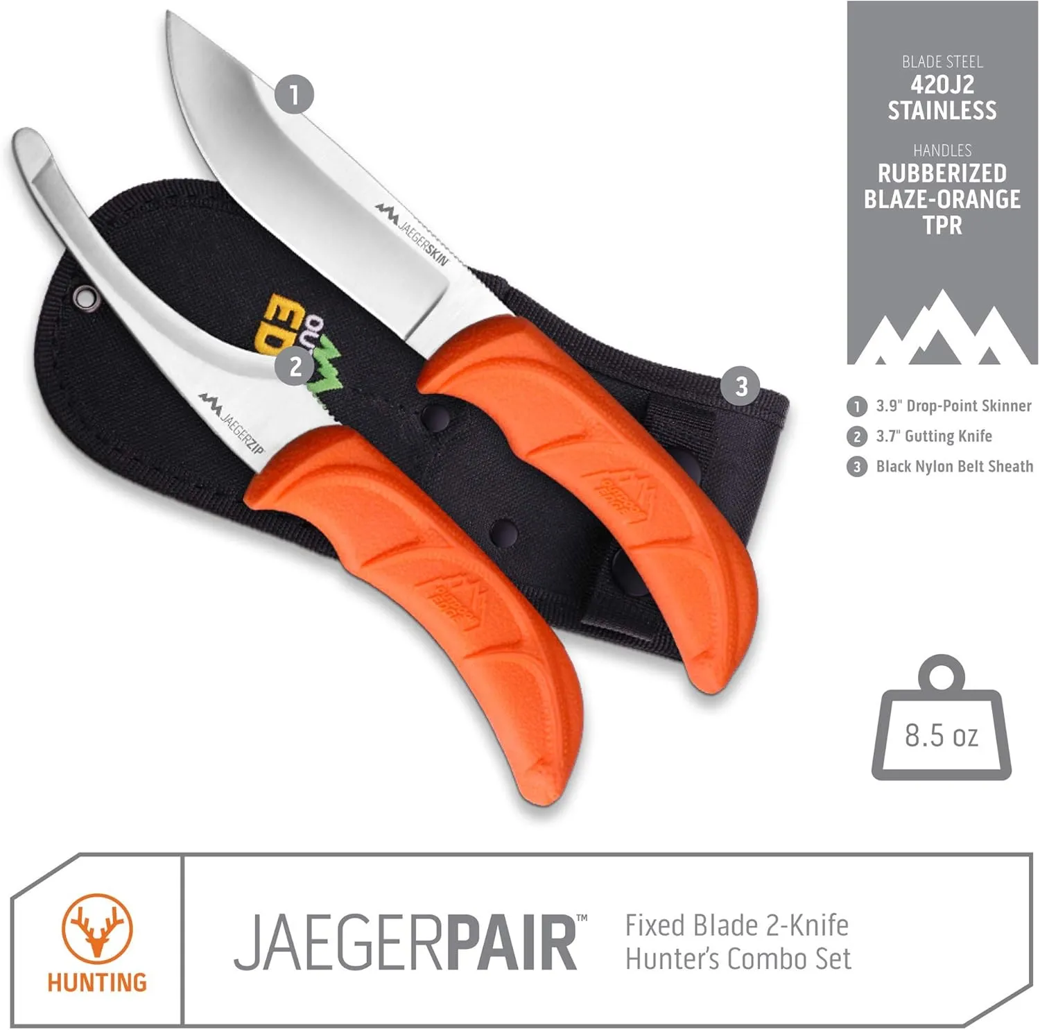 OUTDOOR EDGE JaegerPair, 3-Piece Hunting Knife Combo Set for Processing Big Game with Fixed Blade Drop-Point Skinner, Gutting Knife and Nylon Belt Sheath