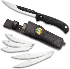OUTDOOR EDGE RazorMax - Replaceable Fixed Blade Hunting Knife with 3.5" Drop-Point, 5" Boning/Fillet Blades, Belt Sheath and Detachable Blade Carrier (Black, 6 Blades)