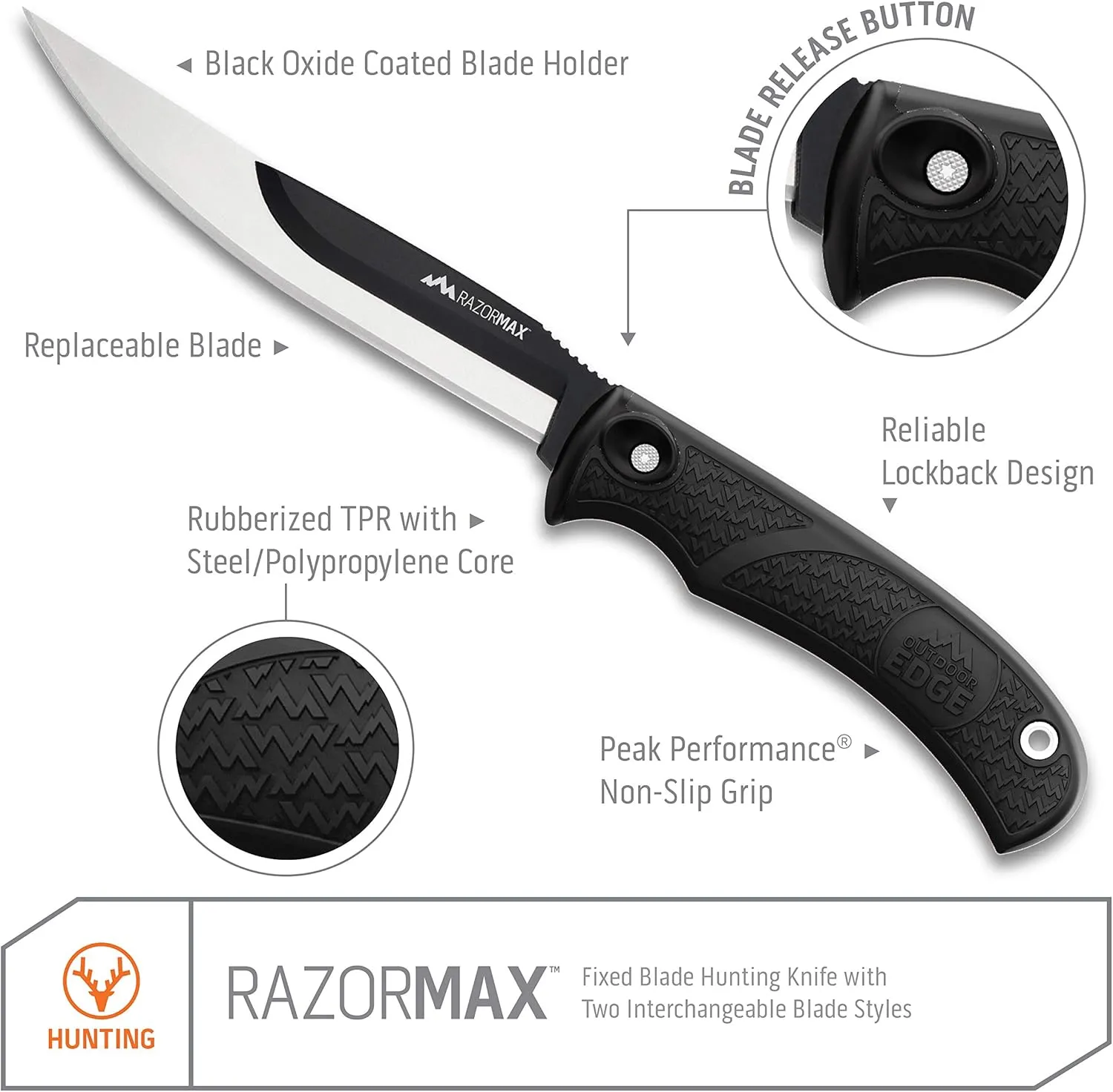 OUTDOOR EDGE RazorMax - Replaceable Fixed Blade Hunting Knife with 3.5" Drop-Point, 5" Boning/Fillet Blades, Belt Sheath and Detachable Blade Carrier (Black, 6 Blades)