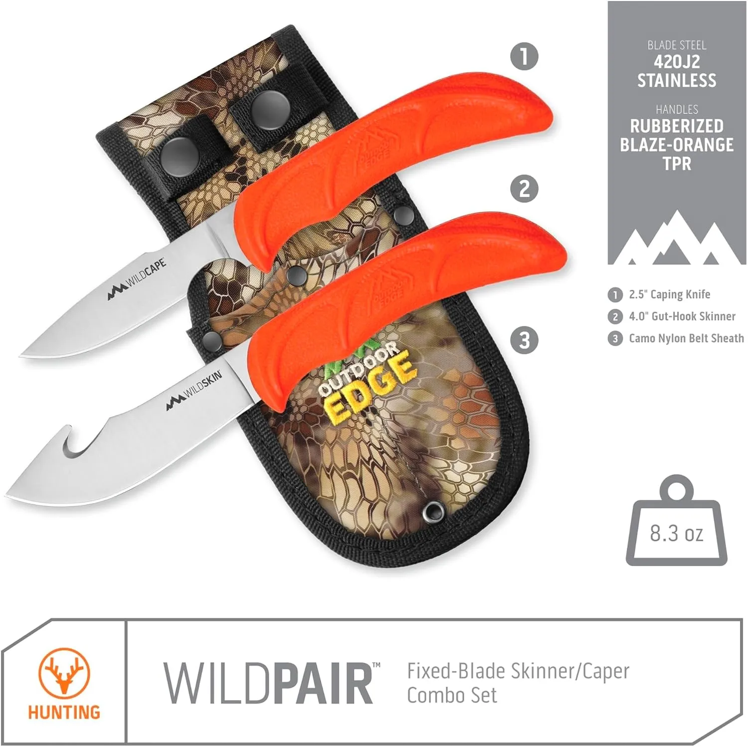 OUTDOOR EDGE WildPair, Fixed Blade Hunting Knife Set, Field Dressing & Game Processing Knives - Gut-Hook Skinning & Caping Knives, Nylon Sheath - Deer & Elk