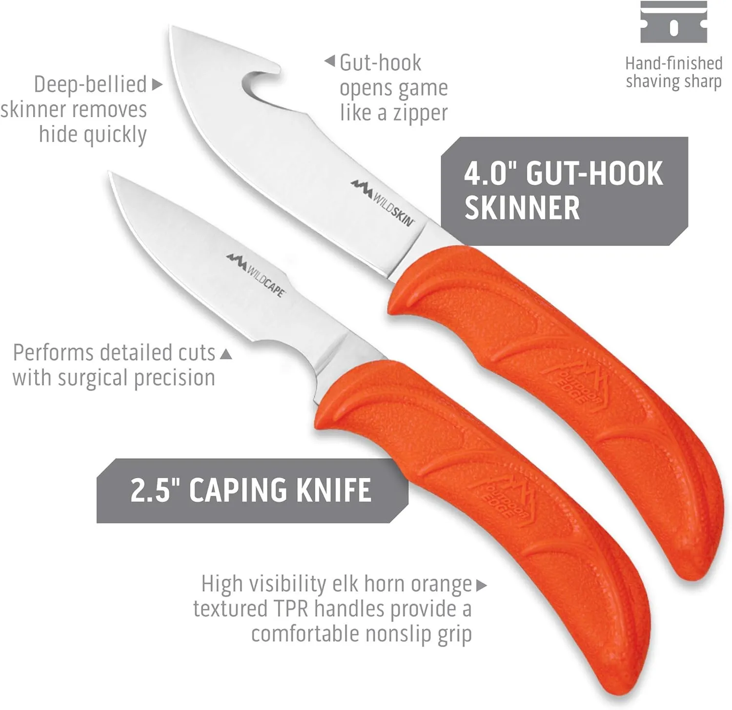 OUTDOOR EDGE WildPair, Fixed Blade Hunting Knife Set, Field Dressing & Game Processing Knives - Gut-Hook Skinning & Caping Knives, Nylon Sheath - Deer & Elk