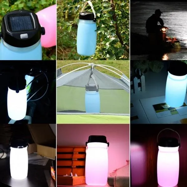 Outdoor Foldable Waterproof Solar Water Bottle LED Light Blue