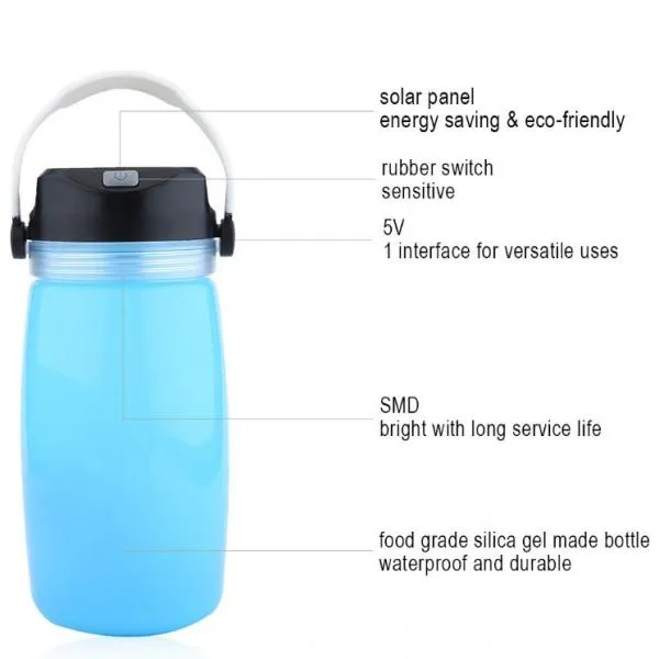 Outdoor Foldable Waterproof Solar Water Bottle LED Light Blue