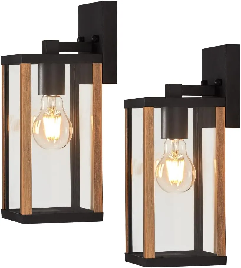 Outdoor Modern Wall Light Fixtures,Exterior Lighting Fixtures Wall Mount,Outside Porch Sconce Lights Waterproof,Wall Lamps for House,Patio,Front Door.Black and Wood Colour,2 Pack