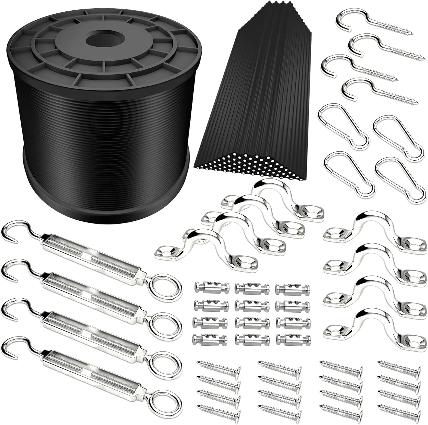 Outdoor String Lights Hanging Kit,Globe String Lights Suspension Kit,164ft Black Vinyl-Coated 304 Stainless Steel Cable,String Light Guide Wire,Hook & Eye Turnbuckle Wire Rope Tension