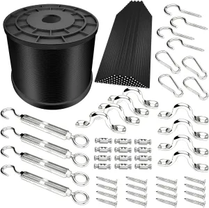 Outdoor String Lights Hanging Kit,Globe String Lights Suspension Kit,164ft Black Vinyl-Coated 304 Stainless Steel Cable,String Light Guide Wire,Hook & Eye Turnbuckle Wire Rope Tension