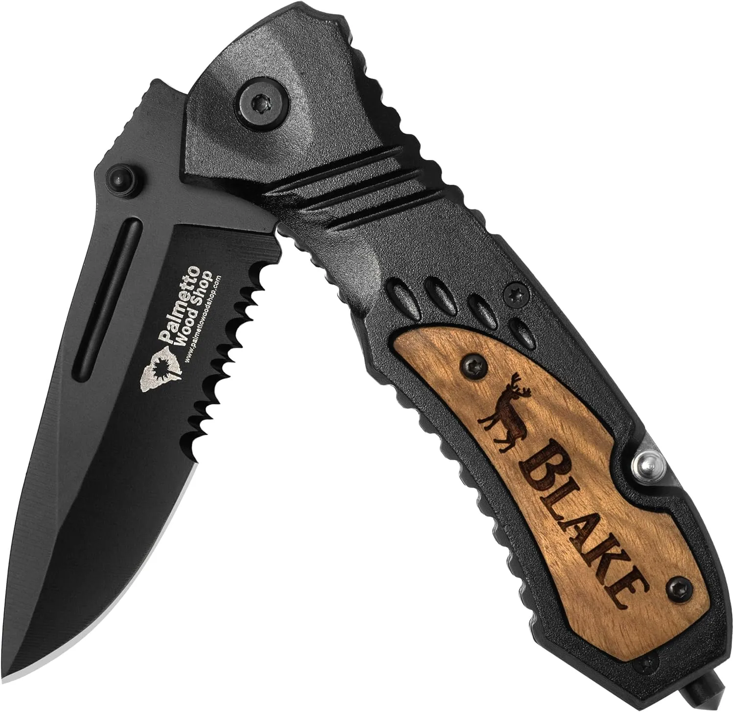 Palmetto Wood Shop Custom Pocket Knife - Laser Engraved Pocket Knife Gift for Men, Custom Knife for Camping, Hunting, Everyday Carry - 3.25-inch Stainless Steel Blade, 4.5-inch Black/Wood Handle
