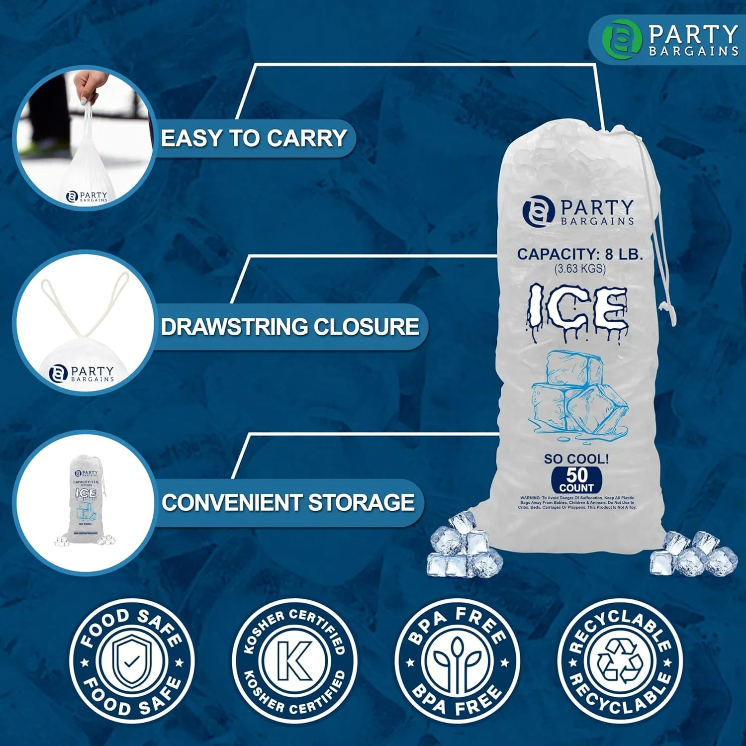 Party Bargains 8 lb Plastic Drawstring Ice Bags 19"x11" (100 Count)
