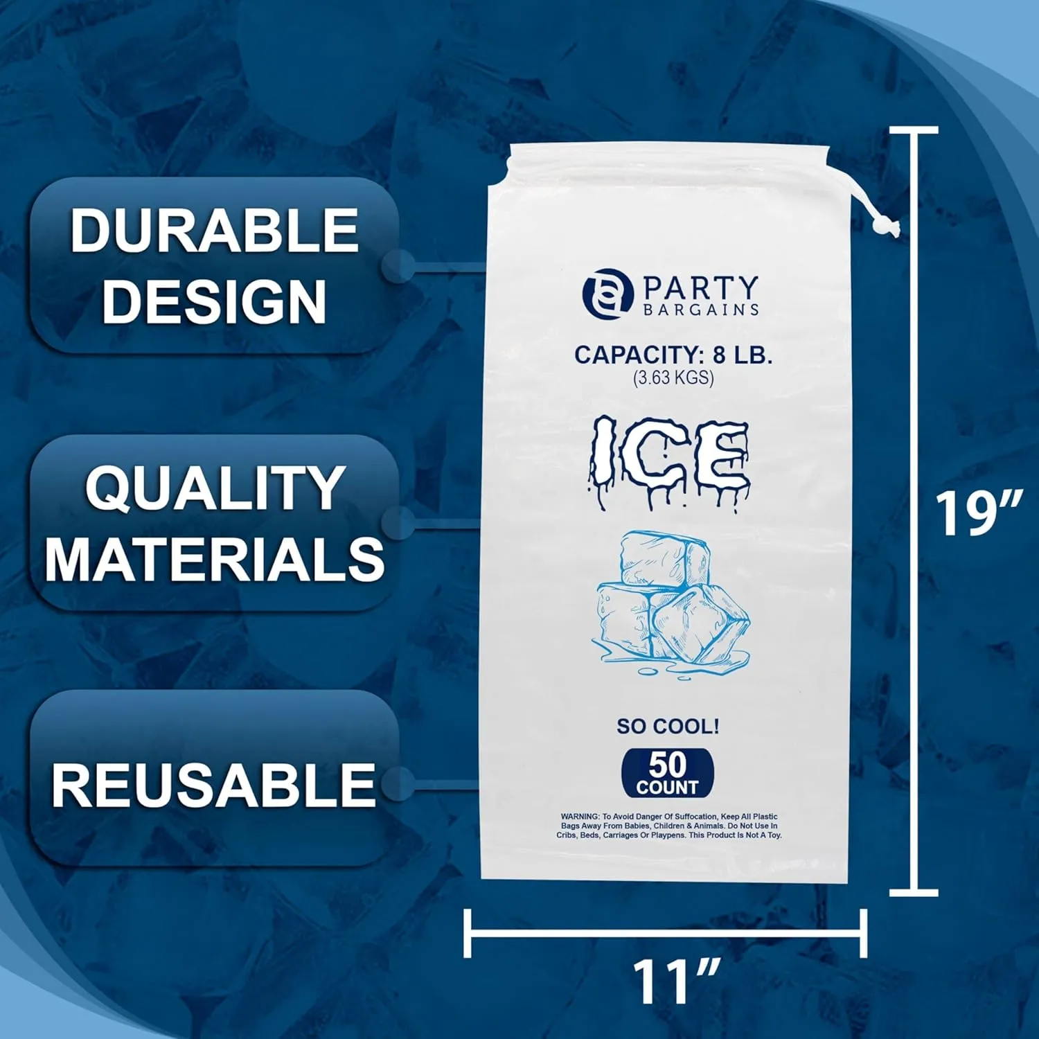Party Bargains 8 lb Plastic Drawstring Ice Bags 19"x11" (100 Count)