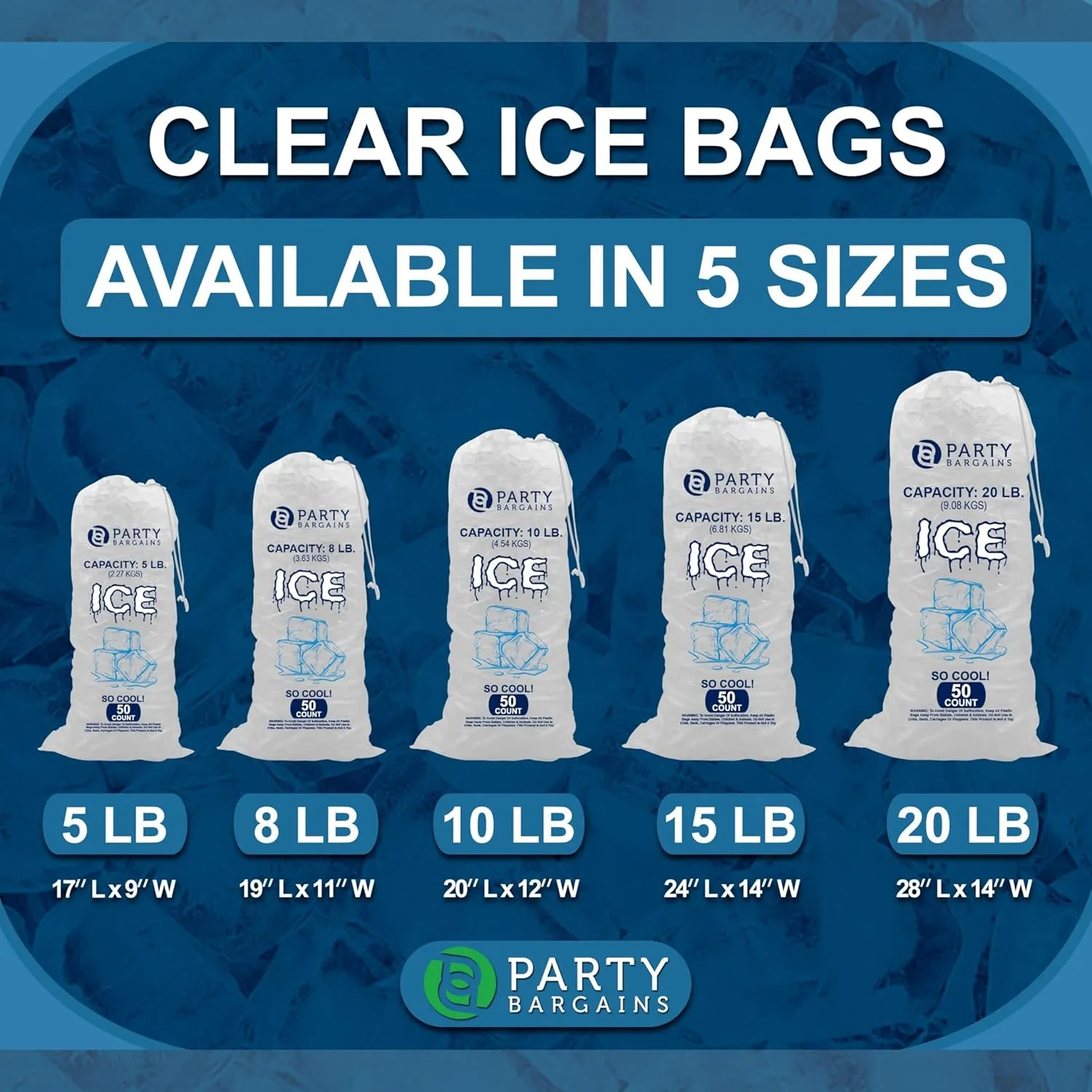 Party Bargains 8 lb Plastic Drawstring Ice Bags 19"x11" (100 Count)