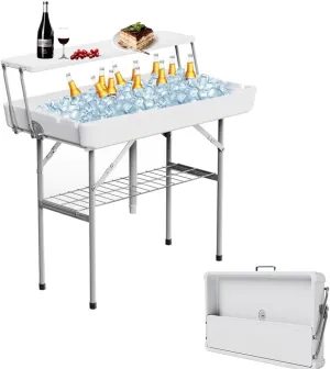 Party Ice Cooler Folding Table，5 feet Portable Camp Fishing Cleaning Table Ice Table for Party BBQ Camping Picnic Keeping Fish and Food Cold (White-B)
