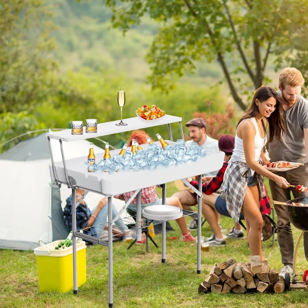 Party Ice Cooler Folding Table，5 feet Portable Camp Fishing Cleaning Table Ice Table for Party BBQ Camping Picnic Keeping Fish and Food Cold (White-B)