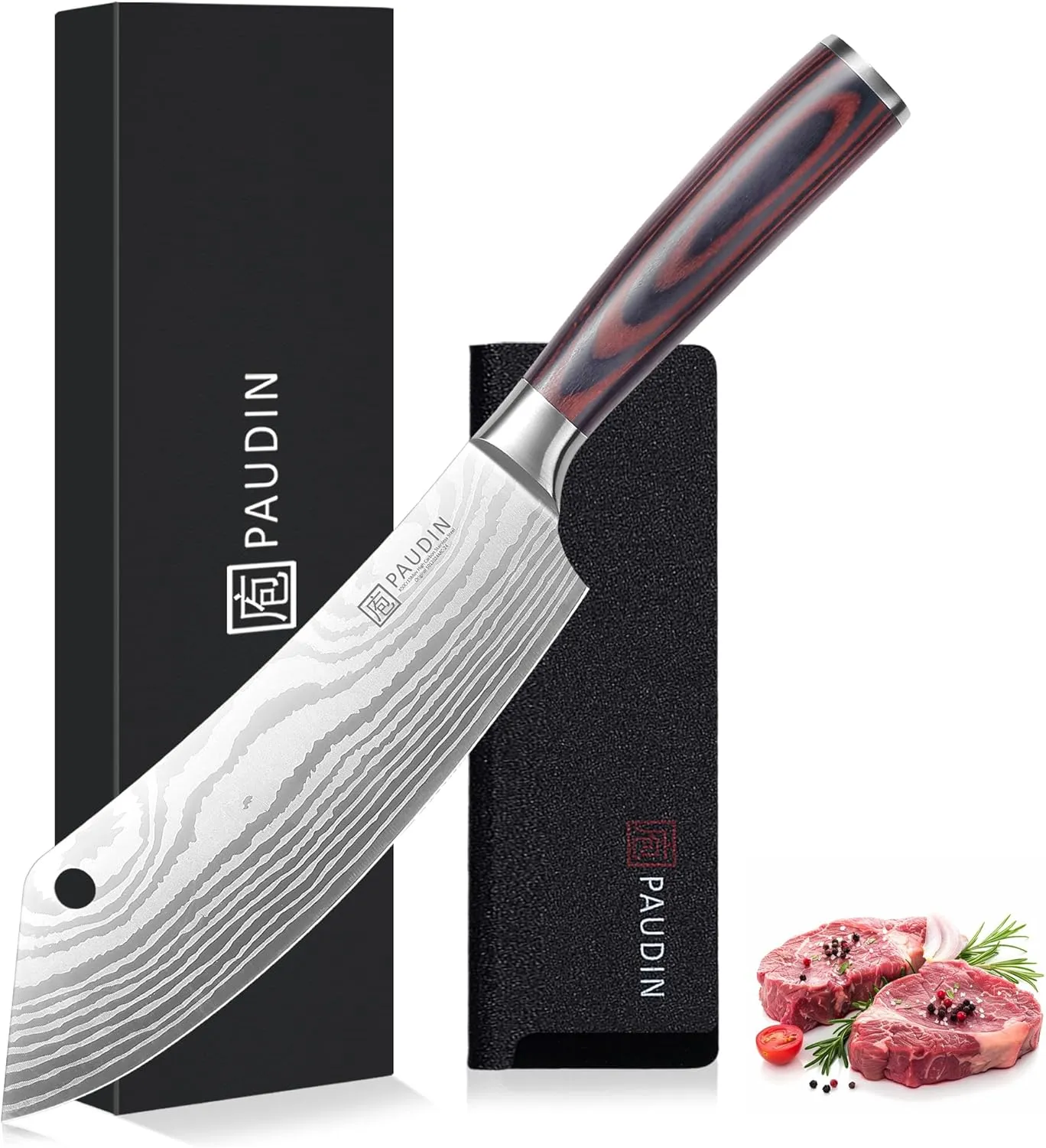 PAUDIN Meat Cleaver 8 Inch Butcher Knife, High Carbon Stainless Steel Cleaver Chef Knife, Sharp Kitchen Knife Heavy Duty Meat Cutting Knife, Wood Handle
