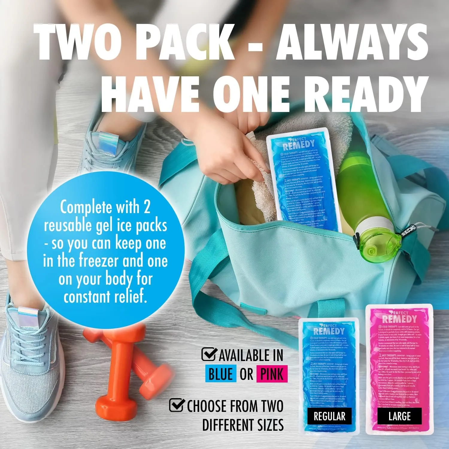 Perfect Remedy 2-Pack Gel Ice Packs for Injuries Reusable, Hot & Cold Pack That’s Durable, Soft & Flexible, Fast Relief & Recovery (Blue, Reg 2PK)