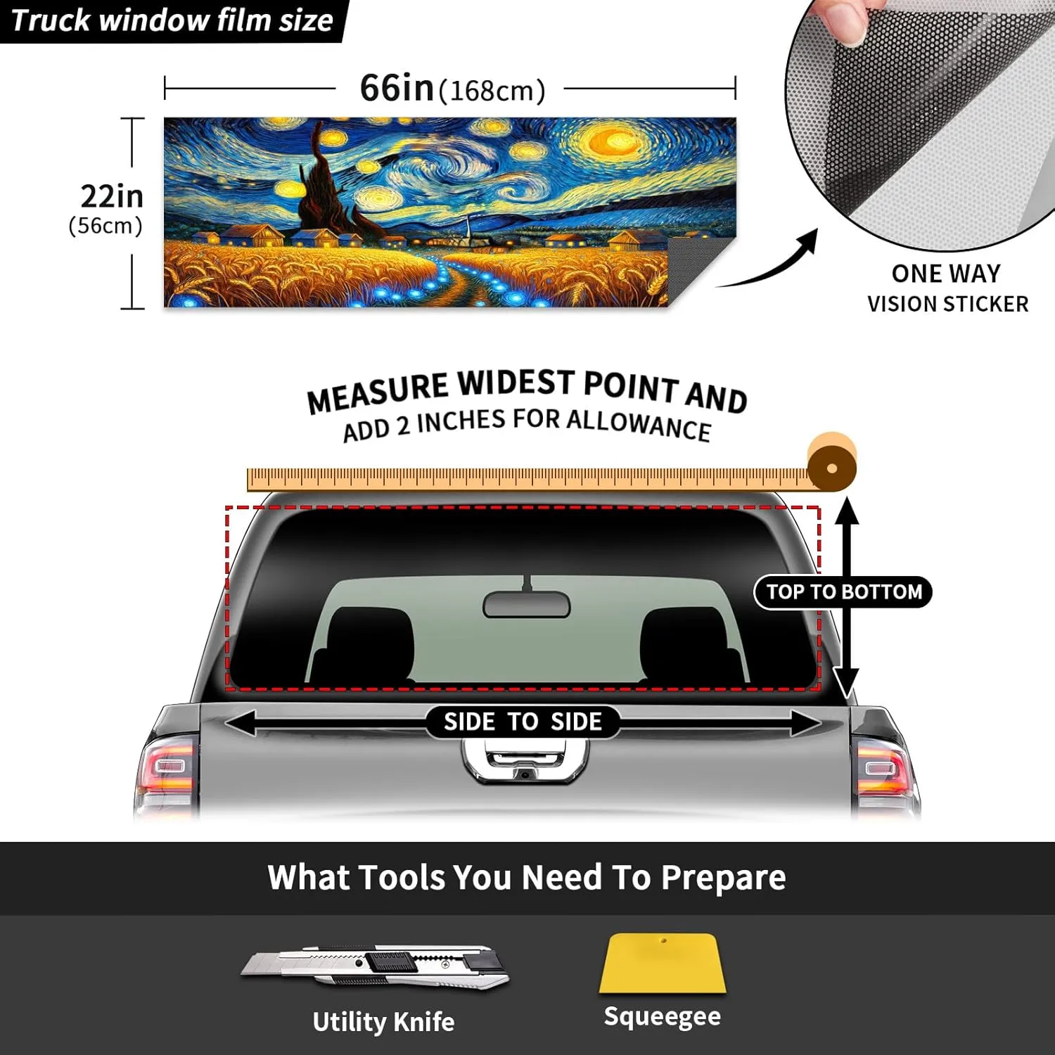 Perforated Vinyl Rear Window Decal for Pickup Trucks 66x22 Inch See Through Graphic Film Truck Window Banner Back Glass Wrap Pickup Truck Accessories Car Graphics Sticker Kit Starry Field