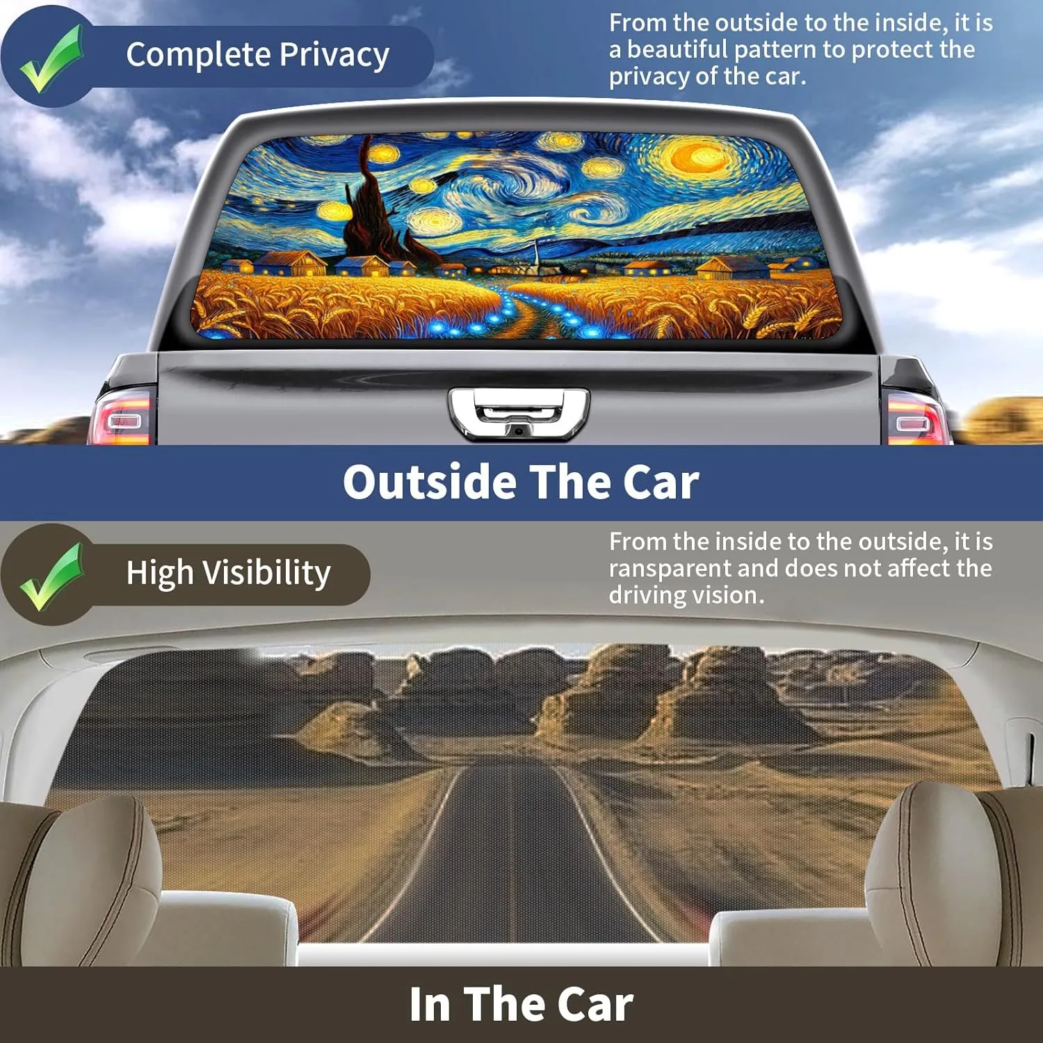 Perforated Vinyl Rear Window Decal for Pickup Trucks 66x22 Inch See Through Graphic Film Truck Window Banner Back Glass Wrap Pickup Truck Accessories Car Graphics Sticker Kit Starry Field