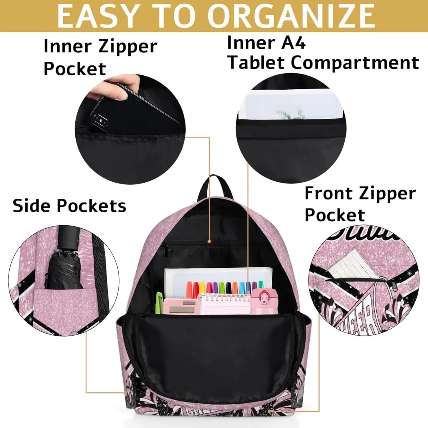 Personalized Cheer Backpacks for Cheerleaders, Custom Name Large Capacity Casual Daypack, Dark Pink 15 Inch Shoulder Bag