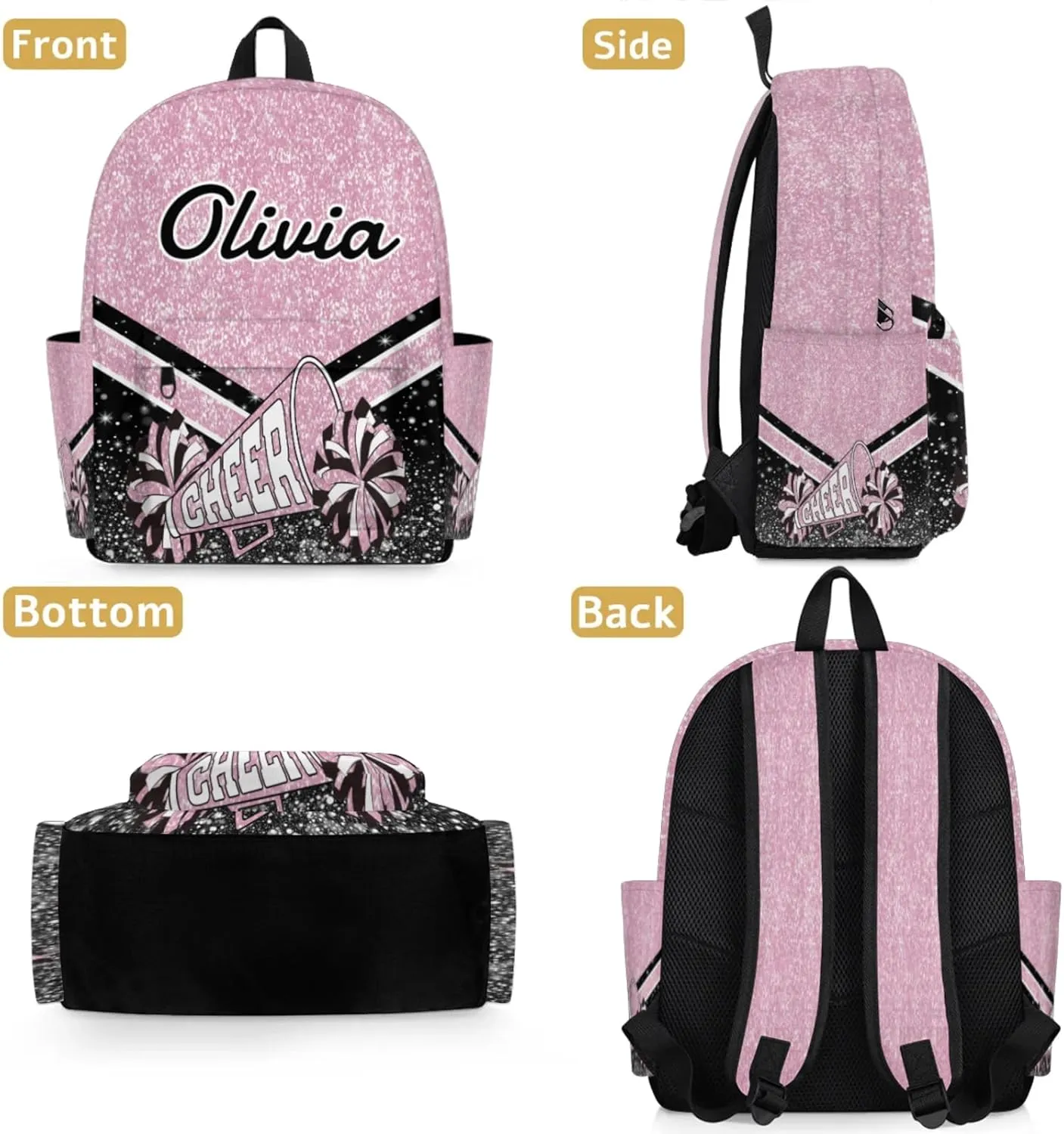 Personalized Cheer Backpacks for Cheerleaders, Custom Name Large Capacity Casual Daypack, Dark Pink 15 Inch Shoulder Bag