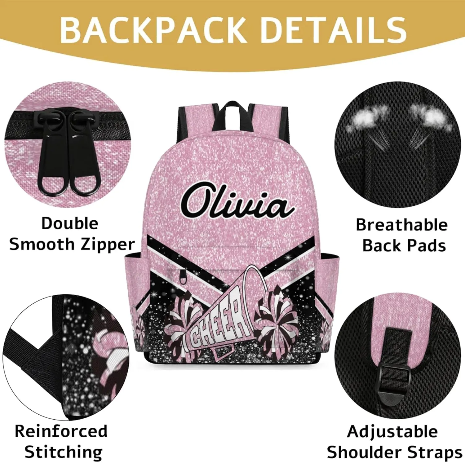 Personalized Cheer Backpacks for Cheerleaders, Custom Name Large Capacity Casual Daypack, Dark Pink 15 Inch Shoulder Bag