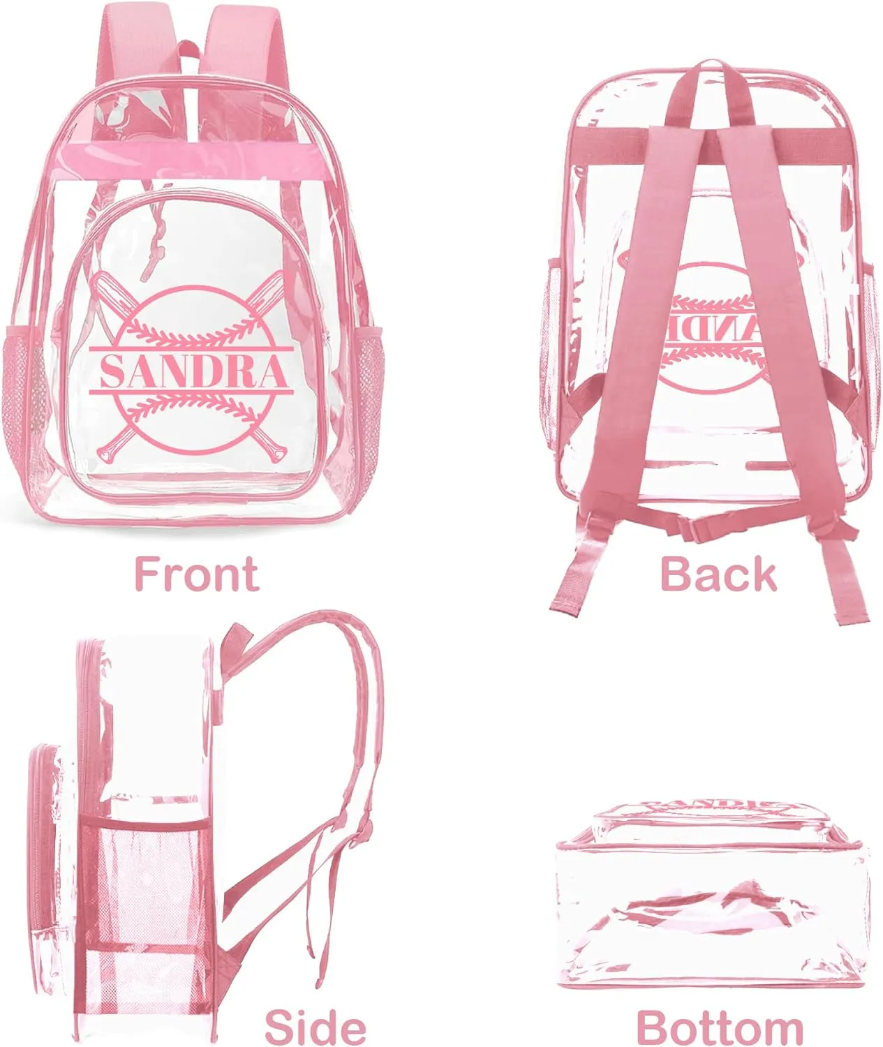 Personalized Clear Backpacks with Name, Custom Baseball Clear Backpack for Women Men, with Reinforced Strap & Large Capacity PVC Transparent Waterproof Backpacks for Travel Camping Work