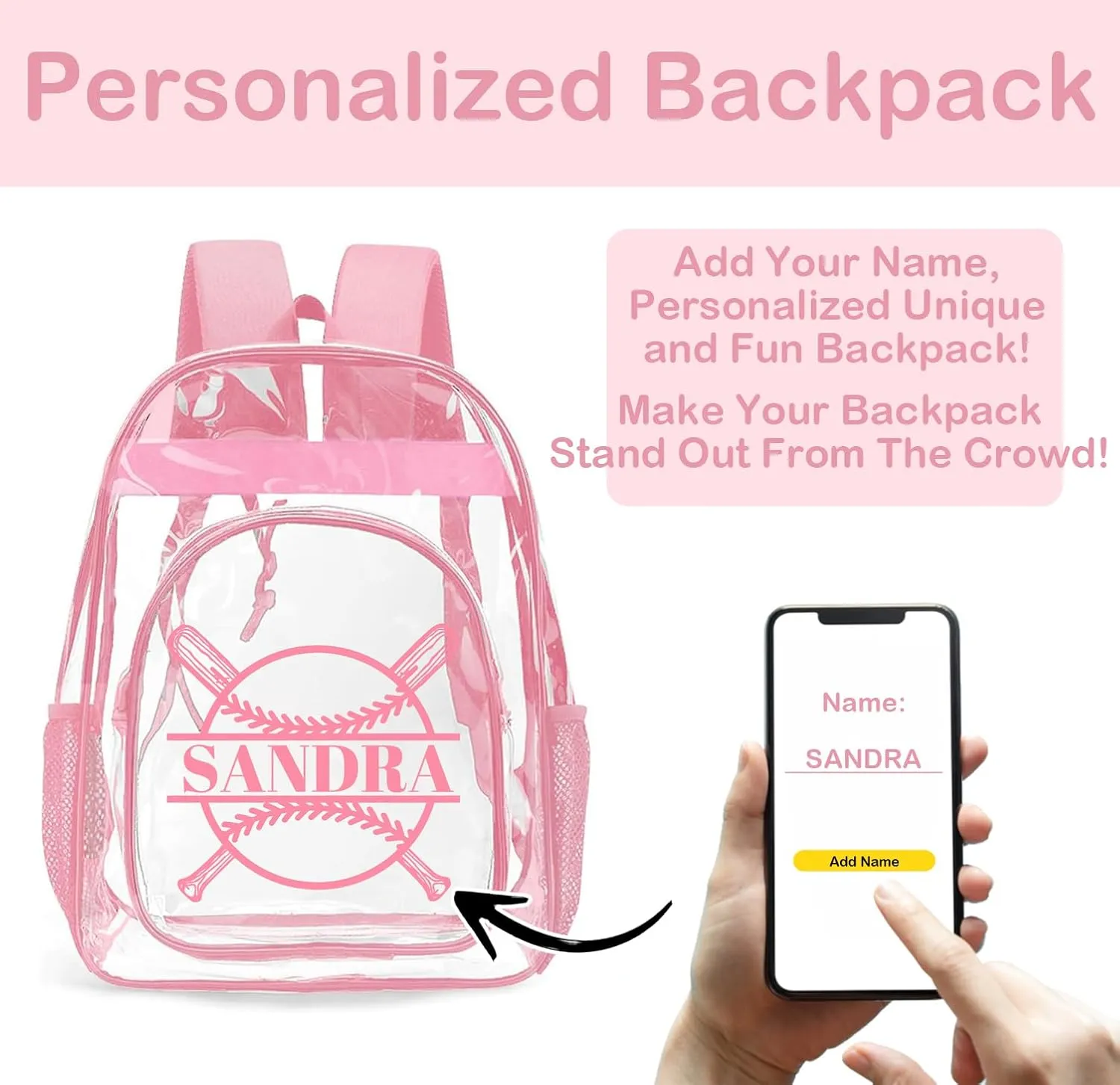 Personalized Clear Backpacks with Name, Custom Baseball Clear Backpack for Women Men, with Reinforced Strap & Large Capacity PVC Transparent Waterproof Backpacks for Travel Camping Work