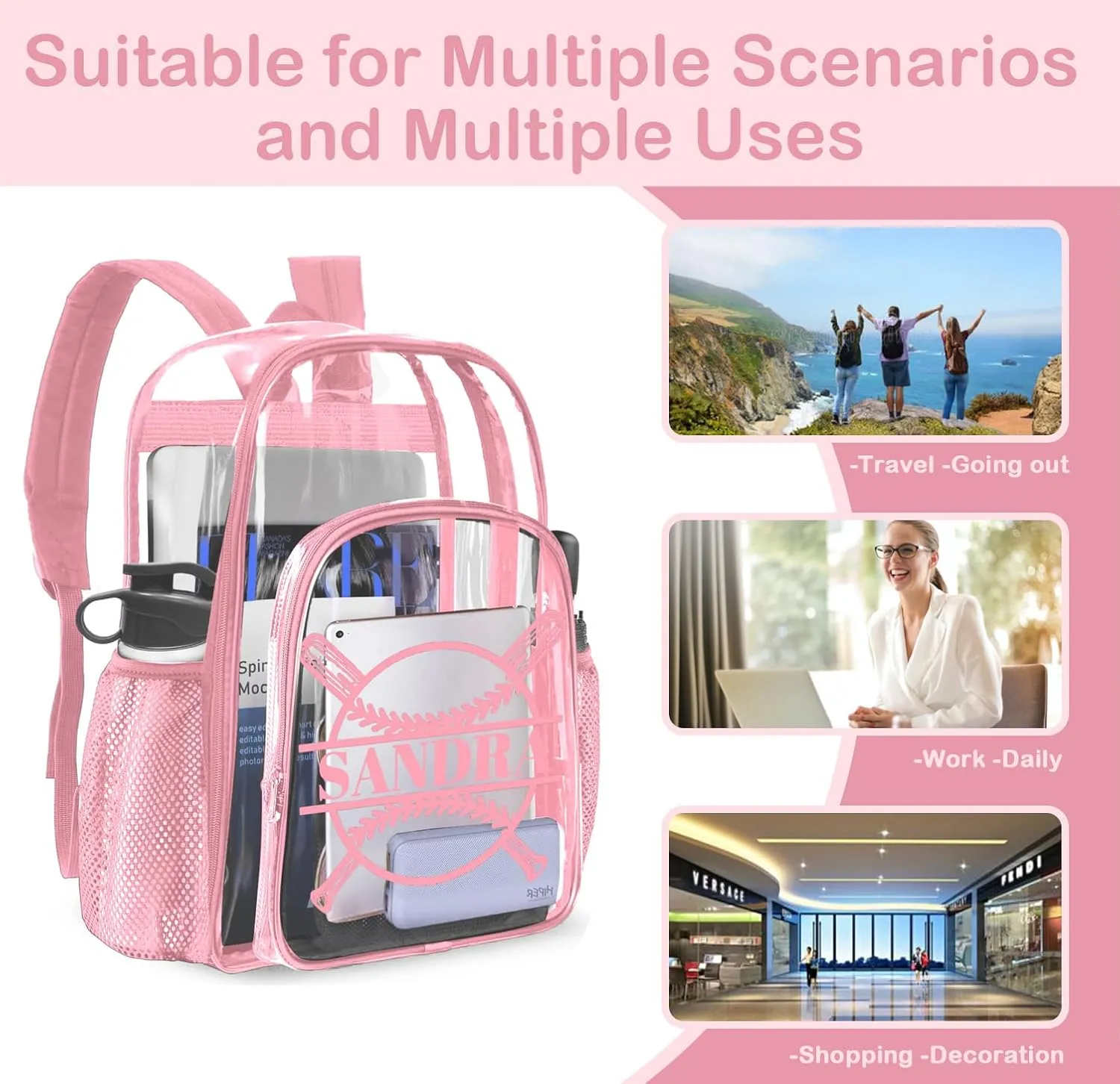 Personalized Clear Backpacks with Name, Custom Baseball Clear Backpack for Women Men, with Reinforced Strap & Large Capacity PVC Transparent Waterproof Backpacks for Travel Camping Work