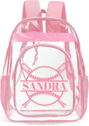Personalized Clear Backpacks with Name, Custom Baseball Clear Backpack for Women Men, with Reinforced Strap & Large Capacity PVC Transparent Waterproof Backpacks for Travel Camping Work