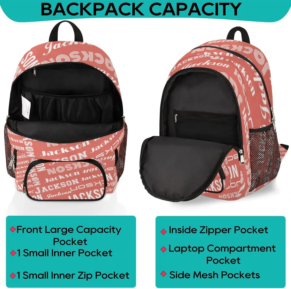 Personalized Daypack with Name Text, Lightweight Custom Backpack Carry On Bag for Travel, Business Trip, Picnic, Coral Red