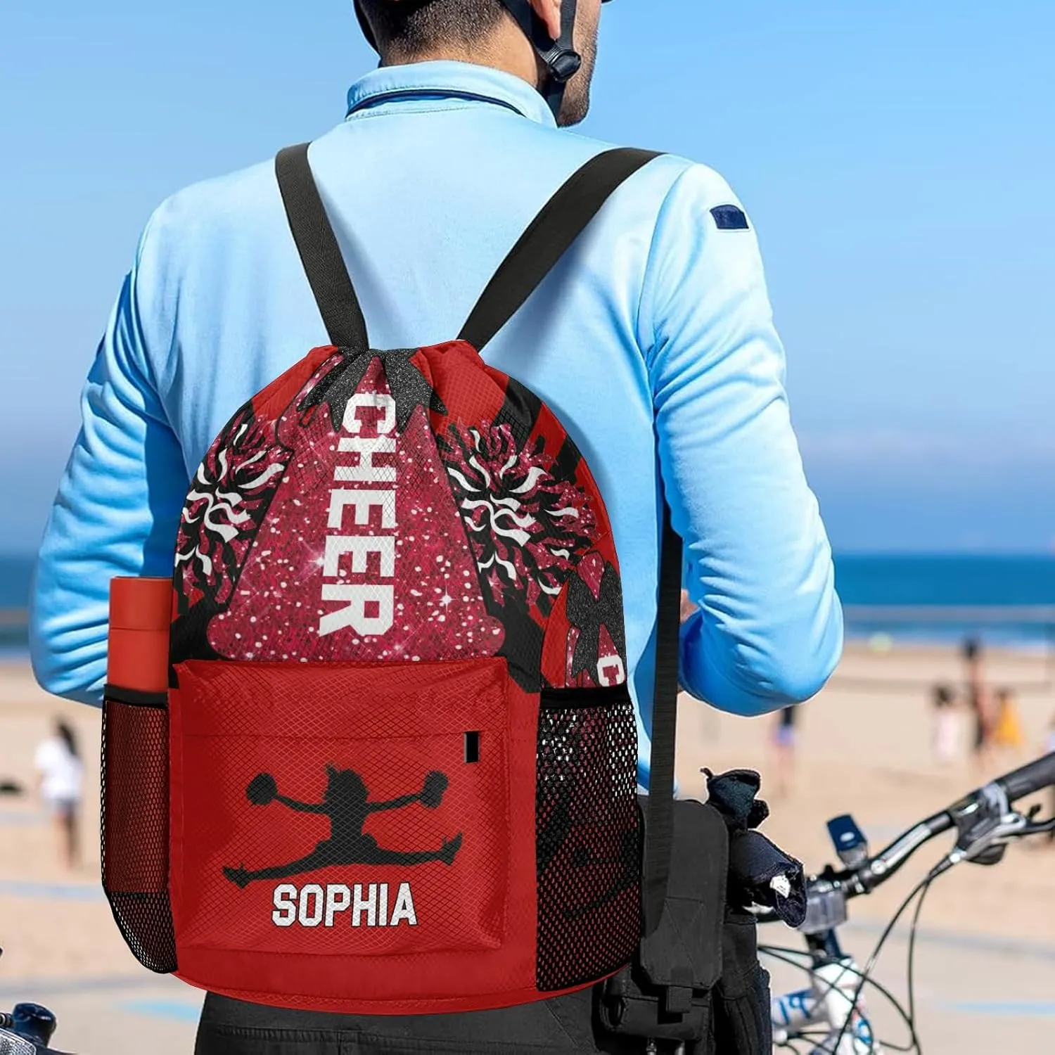 Personalized Drawstring Bag Backpack Sackpack Cheer Red White Cheerleader String Bag Cinch Water Resistant Polyester for Gym Yoga Sport with Name