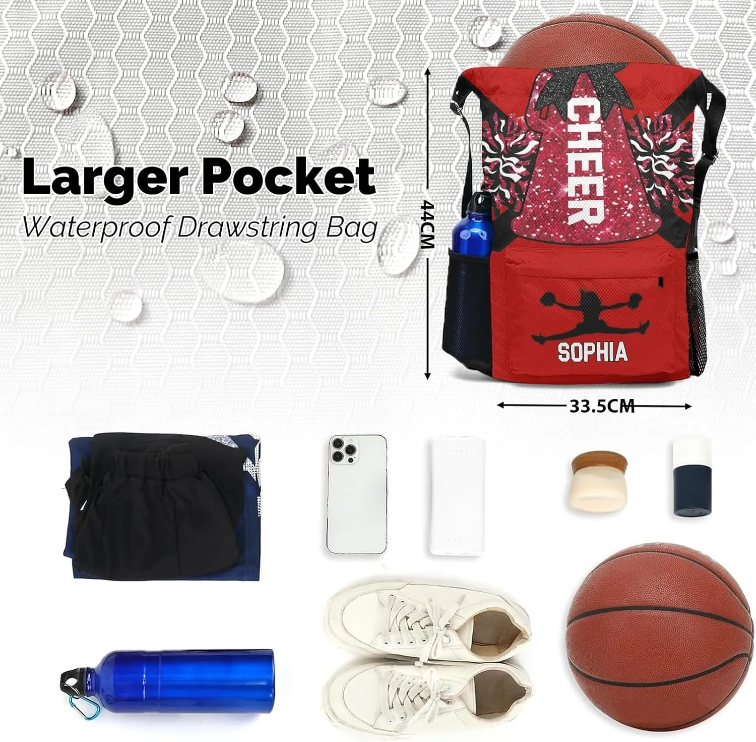 Personalized Drawstring Bag Backpack Sackpack Cheer Red White Cheerleader String Bag Cinch Water Resistant Polyester for Gym Yoga Sport with Name