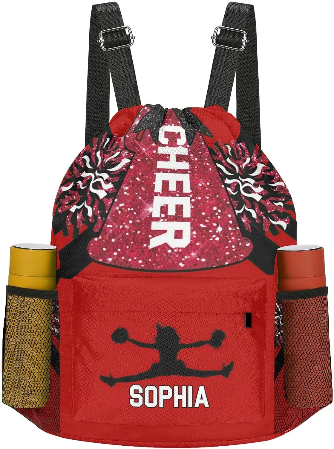 Personalized Drawstring Bag Backpack Sackpack Cheer Red White Cheerleader String Bag Cinch Water Resistant Polyester for Gym Yoga Sport with Name