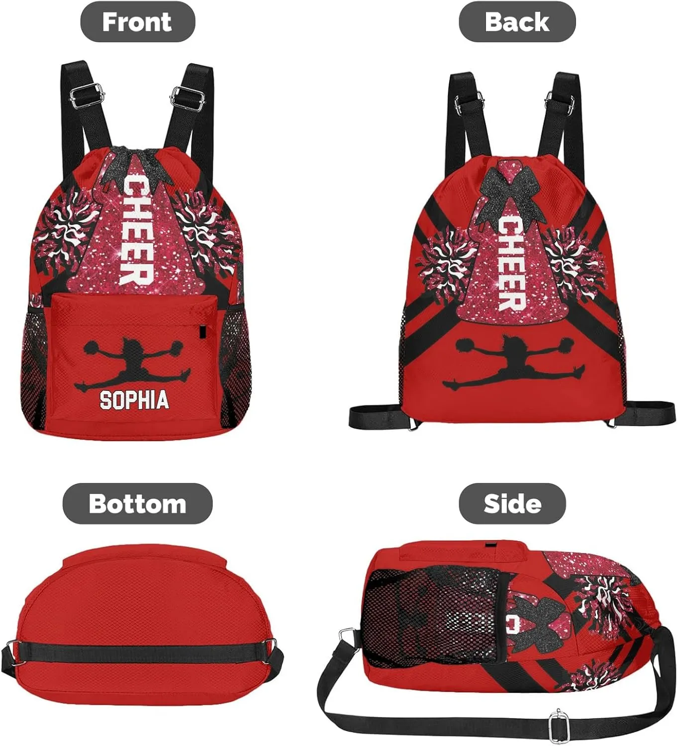 Personalized Drawstring Bag Backpack Sackpack Cheer Red White Cheerleader String Bag Cinch Water Resistant Polyester for Gym Yoga Sport with Name