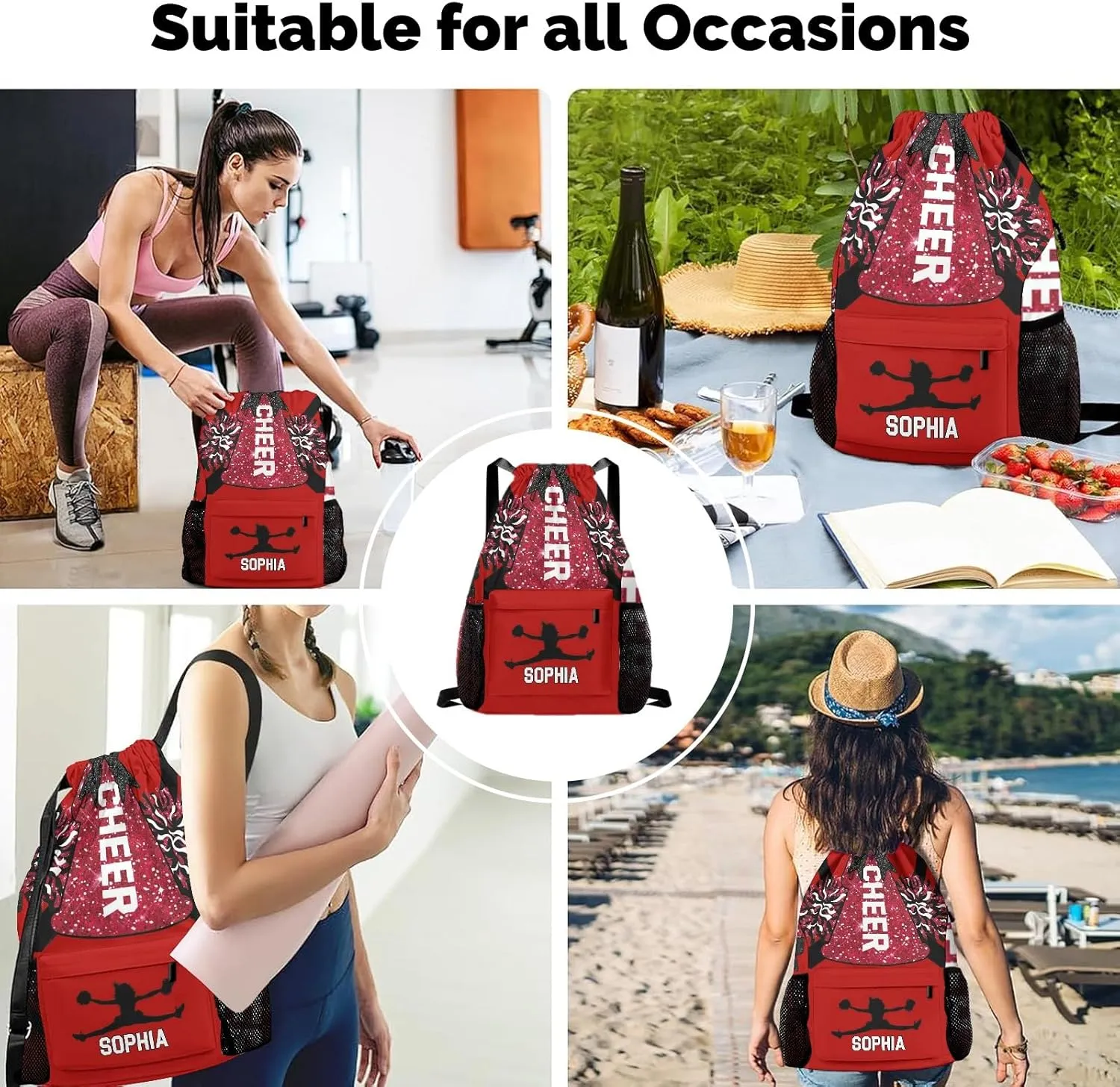 Personalized Drawstring Bag Backpack Sackpack Cheer Red White Cheerleader String Bag Cinch Water Resistant Polyester for Gym Yoga Sport with Name
