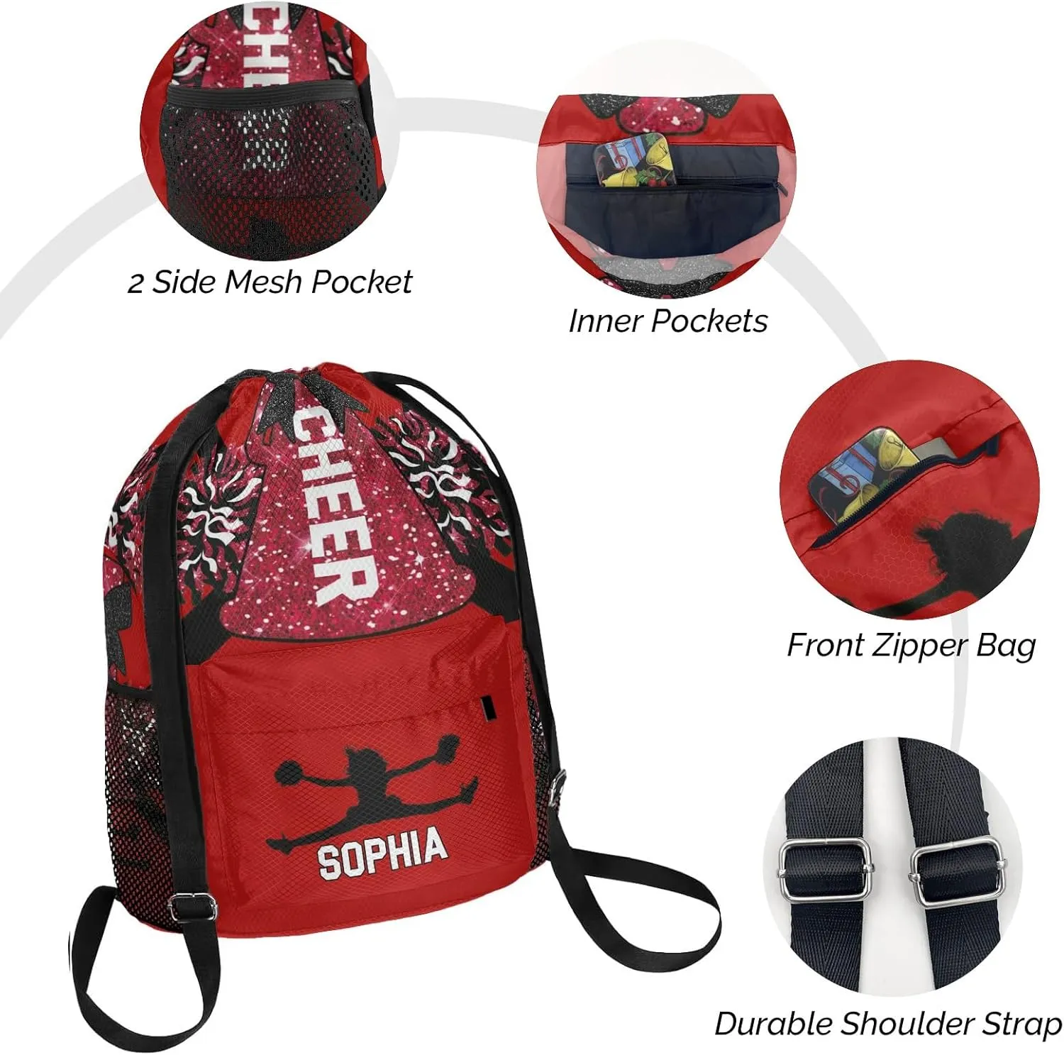 Personalized Drawstring Bag Backpack Sackpack Cheer Red White Cheerleader String Bag Cinch Water Resistant Polyester for Gym Yoga Sport with Name
