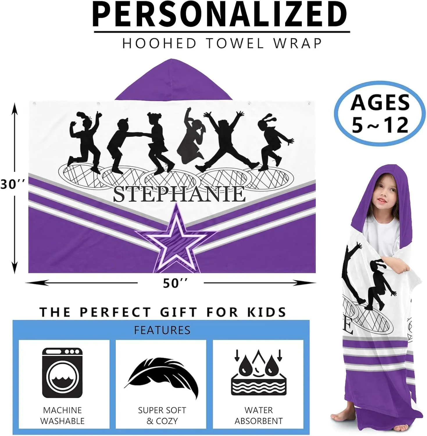 Personalized Gift Bath Beach Swimming Pool Towel with Hood Jumping Trampoline Purple Athlete Cozy Bath Wraps for Children