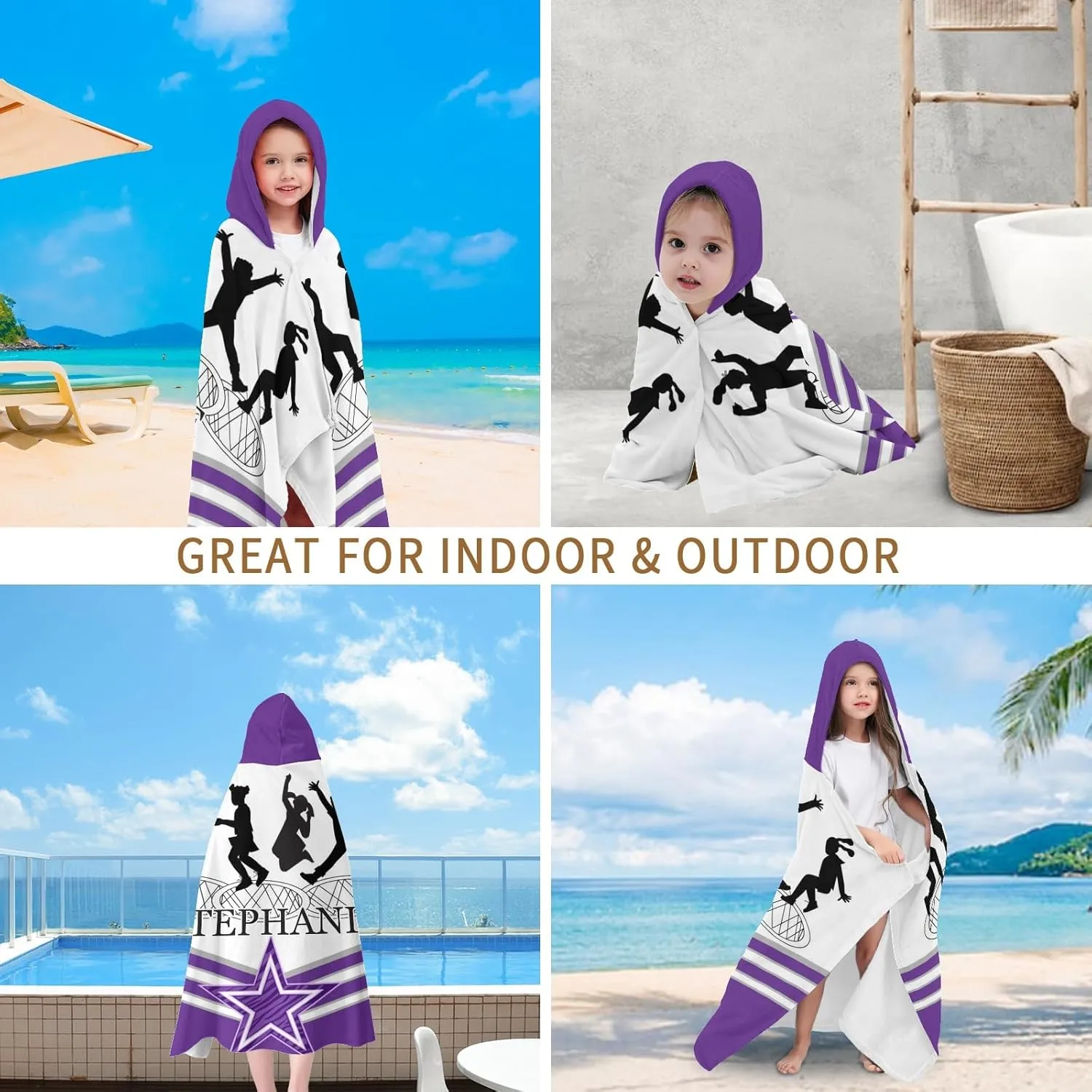 Personalized Gift Bath Beach Swimming Pool Towel with Hood Jumping Trampoline Purple Athlete Cozy Bath Wraps for Children