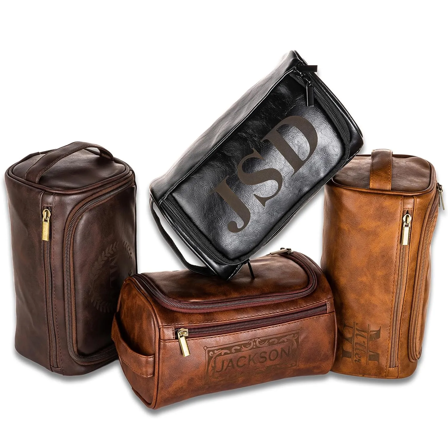 Personalized Leather Toiletry Bag For Men with Hook, Groomsmen Gifts Travel Bag Laser Engraved Name Monogram PU Leather Gift Anniversary Gift For Him Husband Father Leather Dopp Kit with Side Handle
