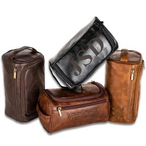 Personalized Leather Toiletry Bag For Men with Hook, Groomsmen Gifts Travel Bag Laser Engraved Name Monogram PU Leather Gift Anniversary Gift For Him Husband Father Leather Dopp Kit with Side Handle