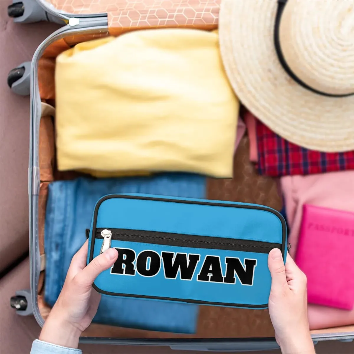Personalized Toiletry Bag for Women Custom Name Waterproof Cosmetic Makeup Bag Shaving Bag for Men Bathroom Travel Storage Bags with Handle for Work, Blue