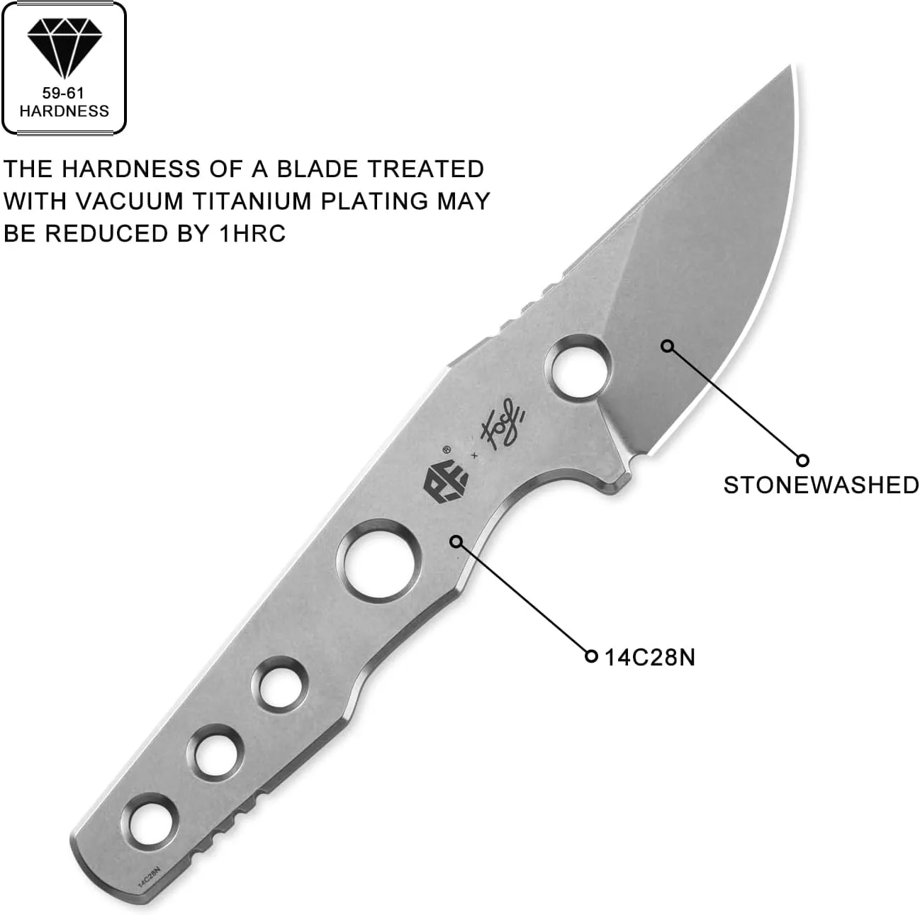 Petrified fish PFE13 Bison Fixed Blade Knife, 2.4" 14C28N Stonewashed Blade, 2.52oz 14C28N Handle Fixed Blade Knife for Camping EDC Tool Knife (White Stonewashed)
