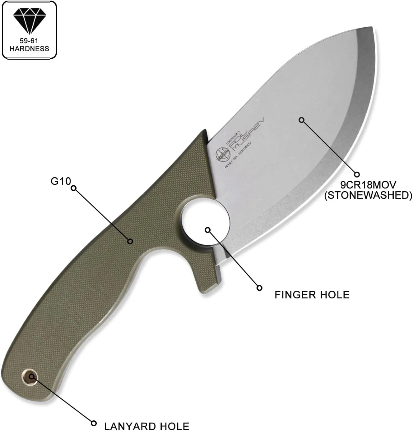 Petrified Fish PFH01 EEL Fixed Blade Knife, 3.46" 9CR18MOV Stonewashed Blade, 10.58oz G10 Handle Multifunctional Camping EDC Tool