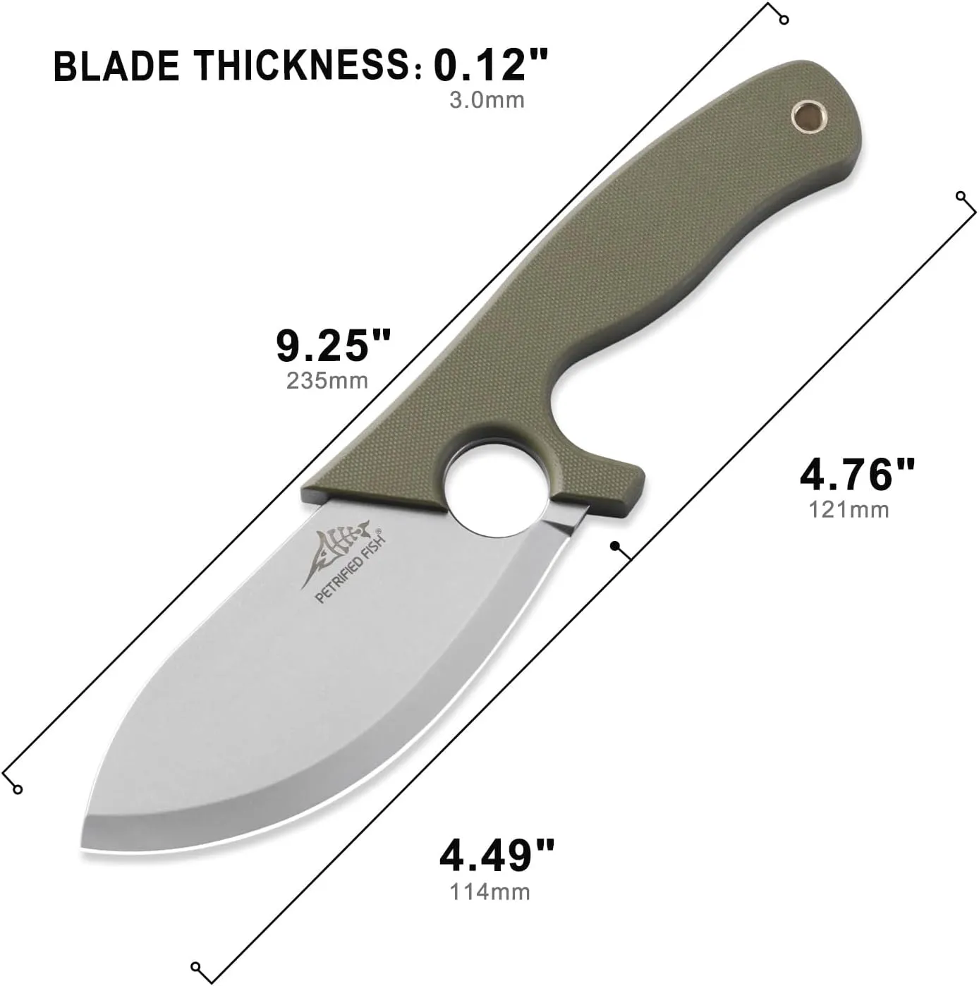 Petrified Fish PFH01 EEL Fixed Blade Knife, 3.46" 9CR18MOV Stonewashed Blade, 10.58oz G10 Handle Multifunctional Camping EDC Tool