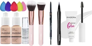 PHOERA Foundation Makeup for Wome Full Coverage Foundation Set,PHOERA Eye Makeup Kit, Include Eyebrow Pencil,Eyeliner and Eyebrow Gel Clear,Face Primer Foundation Brush Powder Brush,