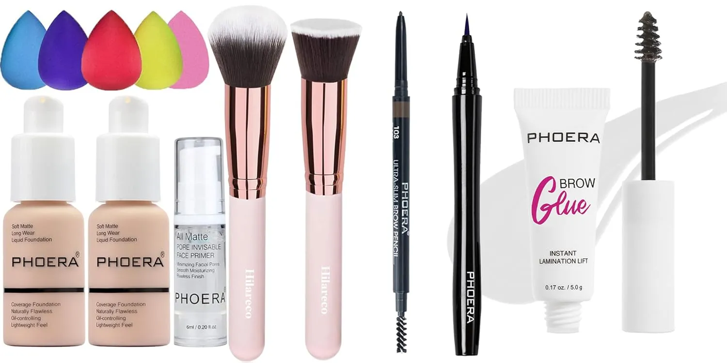 PHOERA Foundation Makeup for Wome Full Coverage Foundation Set,PHOERA Eye Makeup Kit, Include Eyebrow Pencil,Eyeliner and Eyebrow Gel Clear,Face Primer Foundation Brush Powder Brush,