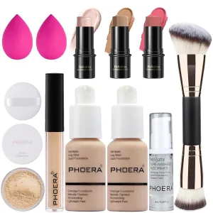 PHOERA Foundation,3 PCS Contour Stick Makeup Kit, Shades with Highlighter, Blush and Bronzer Contour Stick for Sculpt the Cheeks (102 Fair-Light Contour/Nude #03,#09,#12)