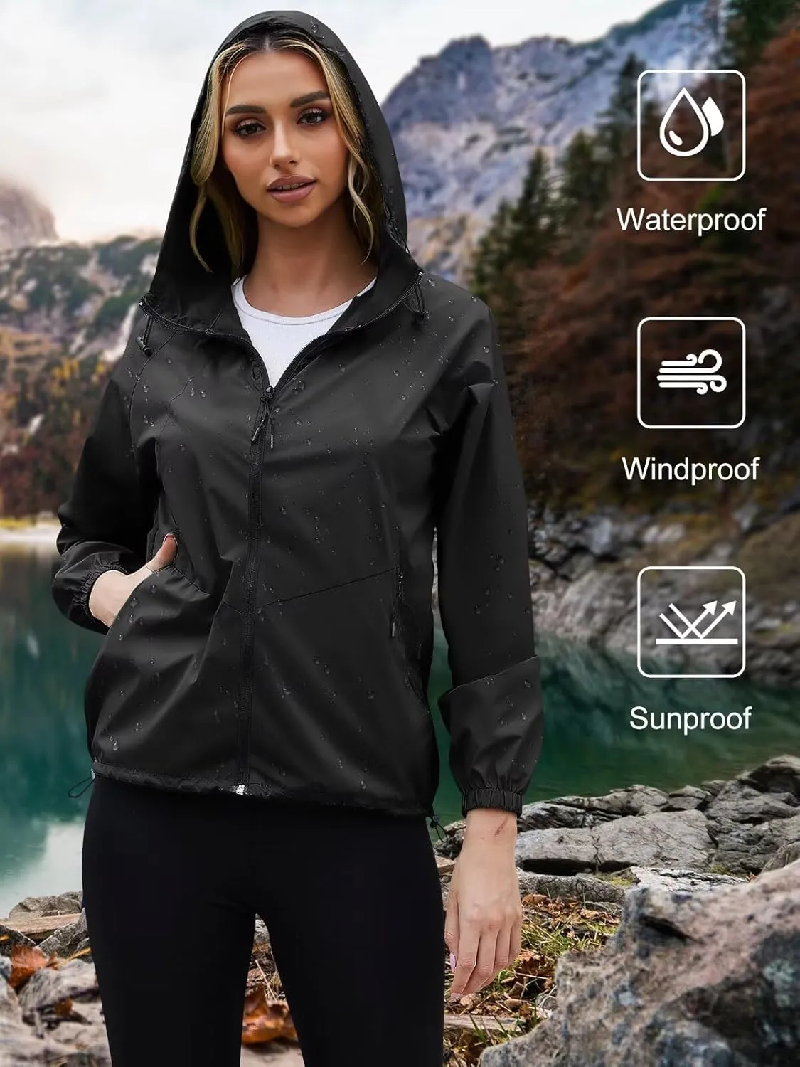 PITINAN Rain Jacket Women Waterproof Lightweight Rain Jacket With Hood Packable Raincoat with Pockets S-XXL
