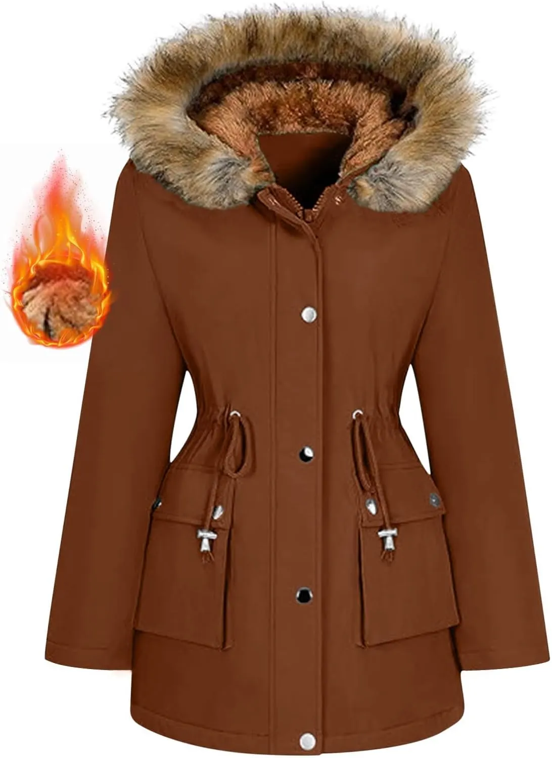 Plus Size Coats for Women with Fur Hood Waterproof Fleece Rain Jackets Drawstring Zipper Raincoats with Pockets